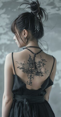 Naklejka premium Woman with intricate black tattoo on back, dark dress, hair up, blurred background