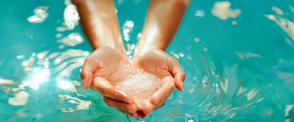 Transparent hands in blue water, capturing the essence of purity, serenity, and the therapeutic touch of water. Hand skin care for face and body. Cosmetic spa procedures. Banner. Copy space