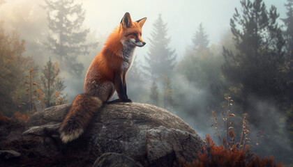 Young red fox vulpes vulpes lying on a rock licking it's mouth in the mountains forest pine tree background
