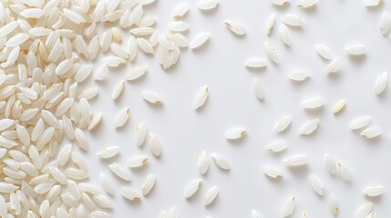 White rice grains scattered randomly on white background. 