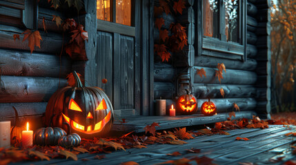 Obraz premium Entrance to a wooden house with pumpkin decoration and Halloween garland on a wooden staircase in autumn foliage, Jack-o'-lanterns with creepy faces. Background for Halloween design.