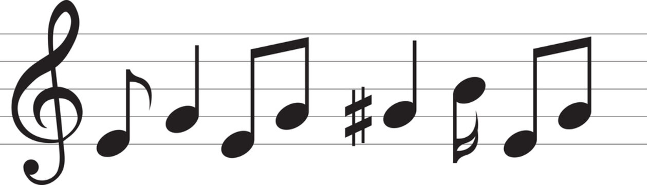 Music note sheet with abstract melody, transparent, png. Music notes. Staff treble clef notes. Musical rhythm concept