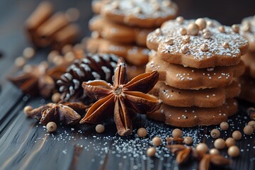 Festive Holiday Gingerbread Cookies with Decorative Star Anise and Pinecones for Christmas Celebration