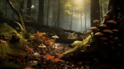 Obraz premium Enchanting forest scene with mushrooms growing amidst mossy logs and fallen leaves, illuminated by soft sunlight filtering through the trees.