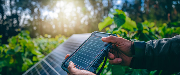 Hands holding a portable solar charging device in nature, symbolizing the harmony of technology and the environment. Environmental Protection. Heating and irrigation system. Banner. Copy space
