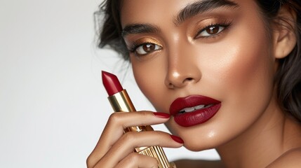 Indian model with matte ruby red lip color and holding lipstick