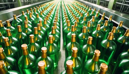 Obraz premium An assembly of shimmering green glass soda bottles systematically moving on a factory conveyor belt