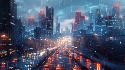 Obraz premium A city street with cars driving in the rain