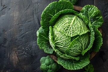 Fototapeta premium Fresh Organic Savoy Cabbage and Broccoli on Rustic Dark Wood Background for Healthy Food and Culinary Design