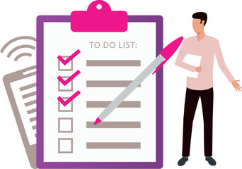 A boy is looking at a to-do list on a clipboard.