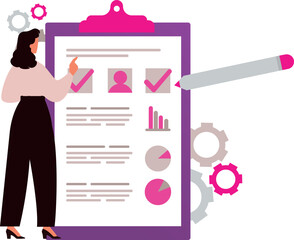 A girl is looking at a clipboard.