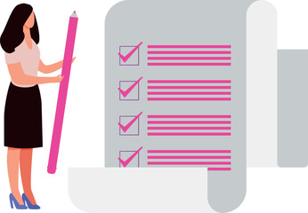 A girl is marking a checklist with a pencil.