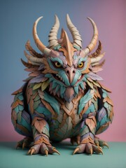 A colorful 3D rendering of a mythical creature with elements of a dragon, frog, and bird. AI.