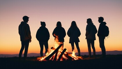 Fototapeta premium silhouette of A group of friends camping around a crackling bonfire, sunset view