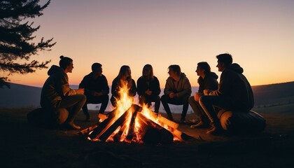 silhouette of  A group of friends camping around a crackling bonfire, sunset view