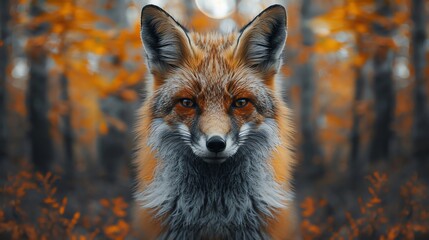Fototapeta premium Close-up of a fox in a vibrant autumn forest, showcasing its striking fur and piercing eyes with a blurred natural background.