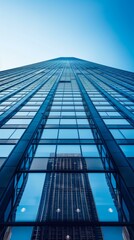 Looking up at a skyscraper made of reflective glass. AI.