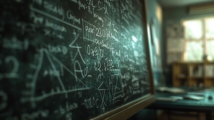 Mathematical equations and formulas written on a chalkboard in a classroom with a blurred background, focused on the complexity of a problem.