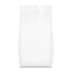 Vertical bag mockup. Flat bottom gusset bag. Front view. High realistic. Vector illustration isolated on white background. Ready for use in presentation, promo, advertising and more. EPS10.