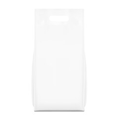 Realistic stand bag with hole handle mockup for chemical products, cat litter, pet food. Front view. Vector illustration isolated on white background. Can be use for template your design. EPS10.