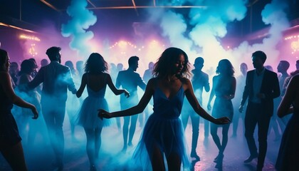 silhouettes of people dancing at a crowded party at midnight, colorful lights and smoke at background	
