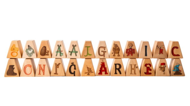 Vintage Wooden Alphabet Blocks With Pictures and Letters
