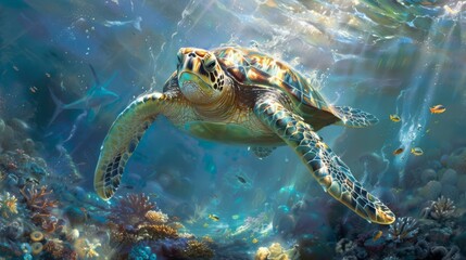 Obraz premium A green sea turtle swims gracefully through a vibrant coral reef, surrounded by colorful fish and marine life. AI.