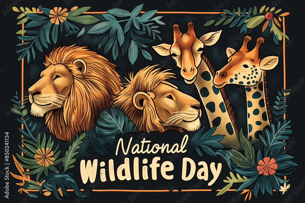 Wall mural National Wildlife Day Celebration Poster with Lions and Giraffes Amidst Lush Foliage.