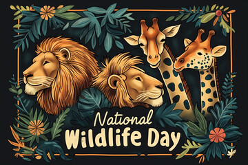 National Wildlife Day Celebration Poster with Lions and Giraffes Amidst Lush Foliage.