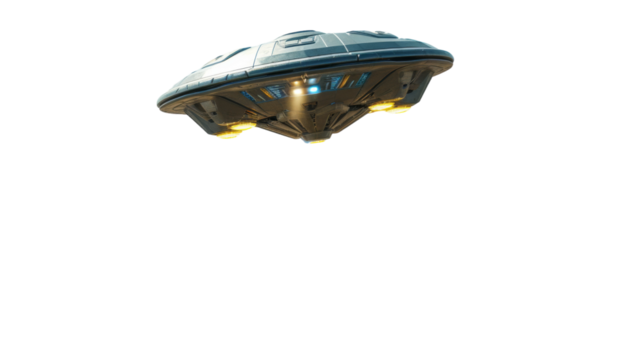 Grey And Yellow UFO Hovering In The Sky