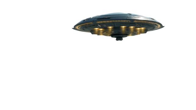A Grey And Yellow UFO Hovering In The Sky