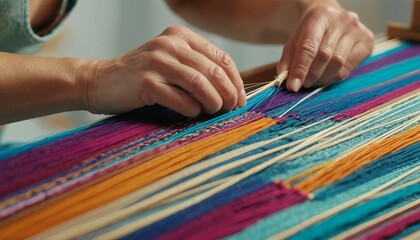 A close-up of a textile artist weaving a vibrant tapestry.