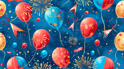 A blue background adorned with red, white, and blue balloons of various sizes. Banner. America's Independence Day. Seamless pattern