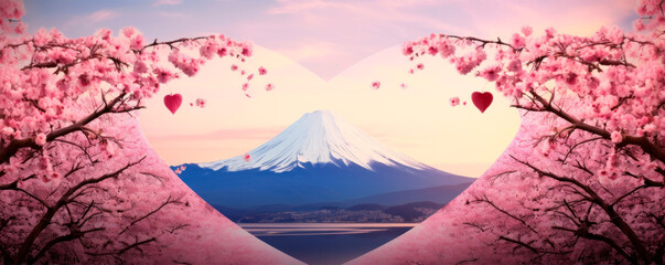 An artwork portraying a heart-shaped tree standing proudly before a mountainous terrain. This masterpiece evokes an enchanting sense of romance, delighting viewers with its harmonious blend of nature