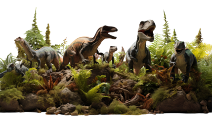 A Group of Dinosaur Models Posing in a Lush, Green Landscape