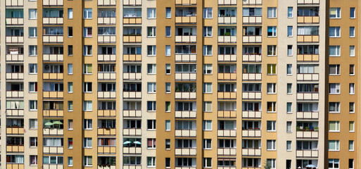 View of a block of flats with balconies; multi-apartment block; apartment building; thelarge panel system building