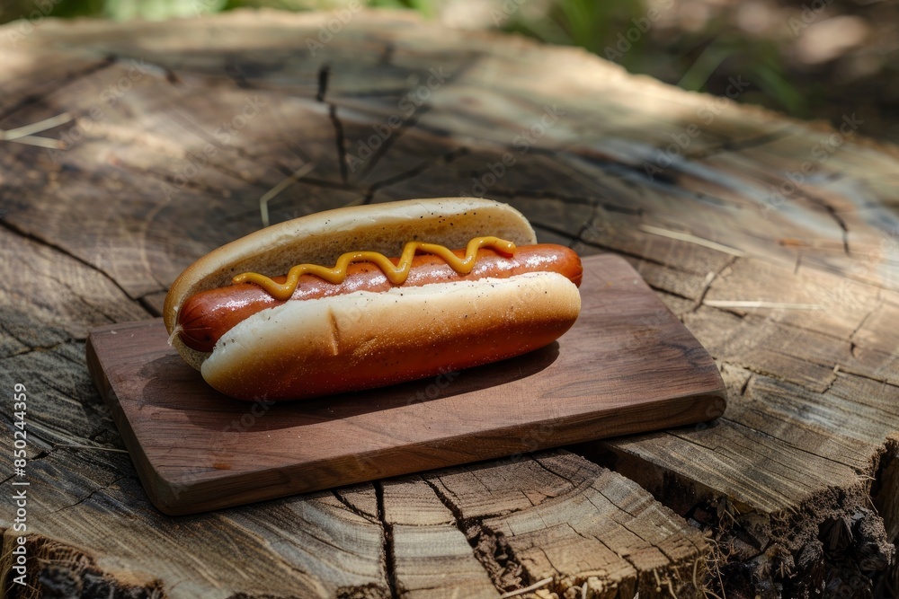 Wall mural hot dog sausages on wood pad, food - generative ai