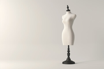 A white sewing mannequin stand against light grey background, fashion design, sewing, or retail display concepts