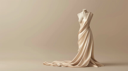 Beige dress draped on a mannequin against a beige minimalist background with copy space