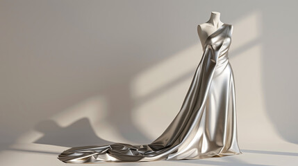 Silver dress draped on a mannequin against a light gray minimalist background with copy space