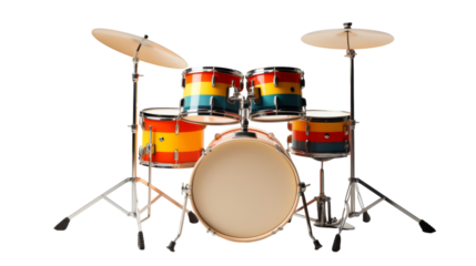 Colorful Drum Set With Cymbal on Stands Against White Background