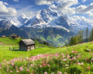 Fototapeta premium Sunny day in the alps idyllic mountain landscape with blooming meadows during springtime