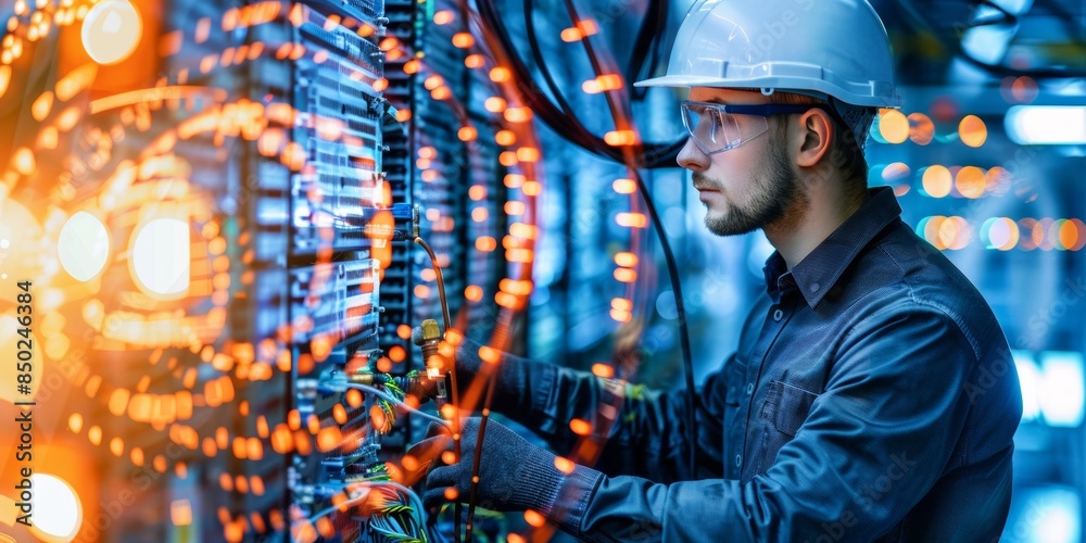 Poster Engineer working on a high-tech network system, showcasing the intricate wiring and glowing elements of advanced technological infrastructure and innovation, Generative AI