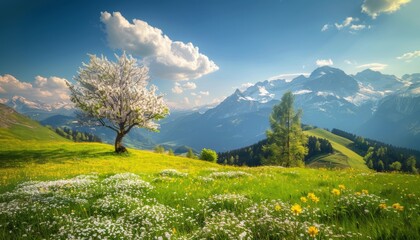Scenic alpine mountain landscape with blooming meadows in springtime on a sunny day