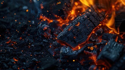 Close-up of a piece of charcoal burning with small flames and glowing heat against a black background