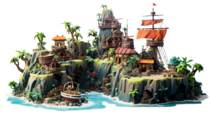 Detailed Miniature Pirate Island With Ship and Buildings