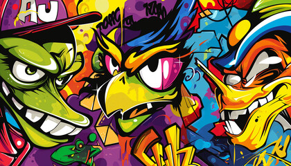 Fototapeta premium A detailed image of the graffiti drawing. A conceptual street art background with cartoon characters 