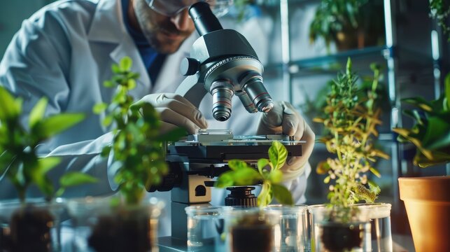 Close-up of a scientist studying plant diseases and pests under a microscope