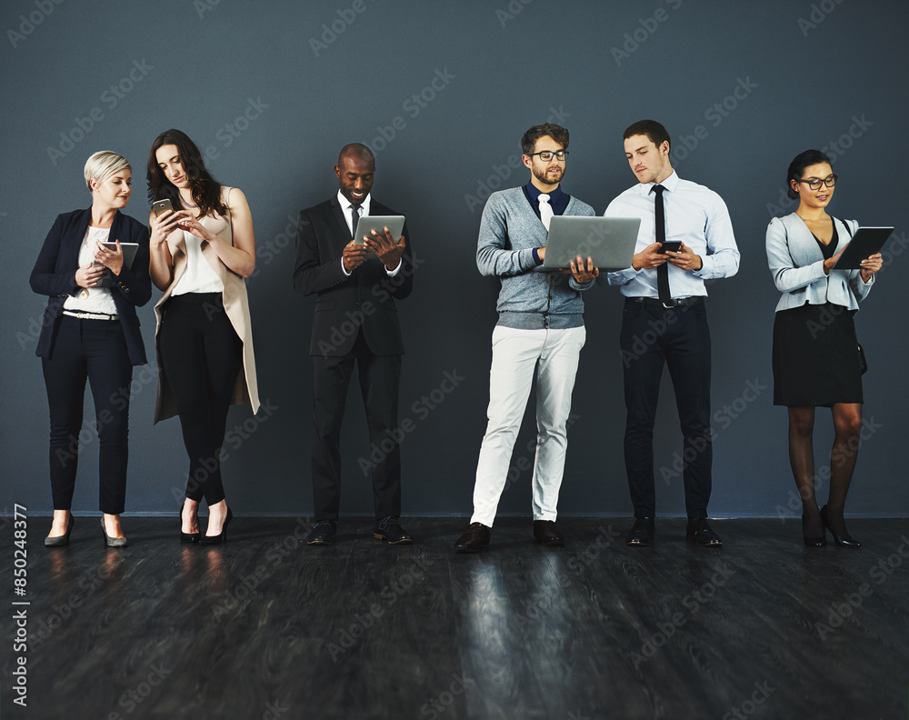 Poster Diversity, mobile and tech in row, hr for company as web developer in digital agency for network. Business people, tablet and laptop in communication for growth, career in brand design in office