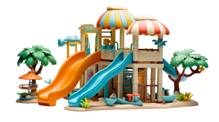 Colorful Plastic Playground With Slides and Palm Trees for Children
